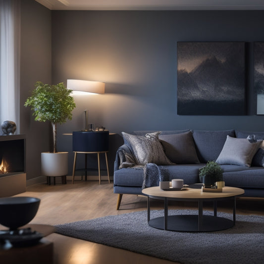 A modern living room featuring smart home devices: automated lighting, a smart thermostat, and voice-controlled speakers. Soft ambient lighting and a sleek aesthetic create a cozy, tech-savvy atmosphere.