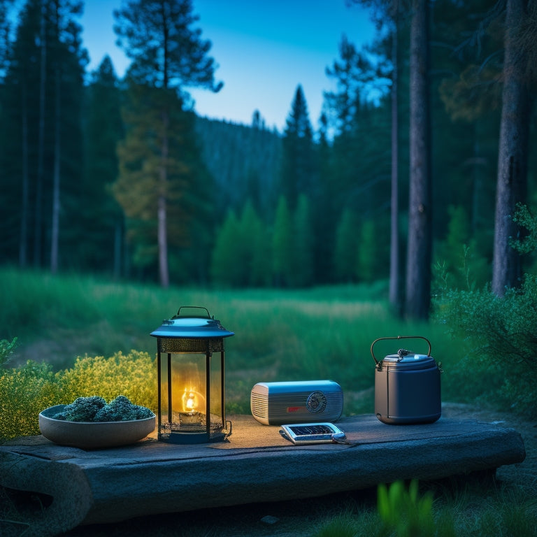 A serene camping scene at dusk, with a portable power pack and cables nestled beside a lantern, phone, and portable speaker, surrounded by trees and a starry night sky.