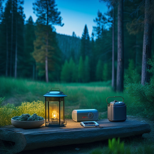 A serene camping scene at dusk, with a portable power pack and cables nestled beside a lantern, phone, and portable speaker, surrounded by trees and a starry night sky.