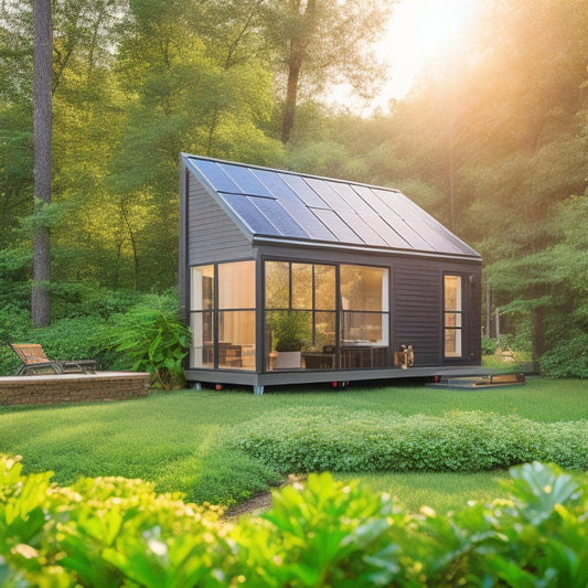 A serene, off-grid tiny home surrounded by lush greenery, with a sleek portable solar panel array on its rooftop, casting a subtle shadow on the roof's curved surface.