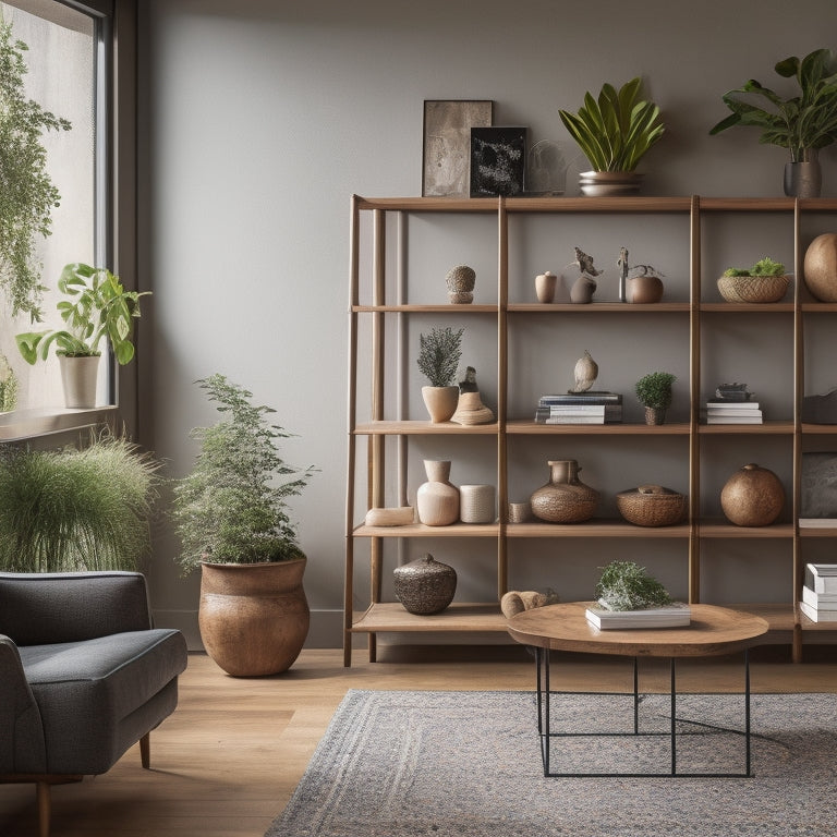 A minimalist living room with a natural wood accent wall featuring a set of asymmetrical wall shelves in reclaimed wood, holding a few potted plants, a vintage vase, and a few artfully arranged books.