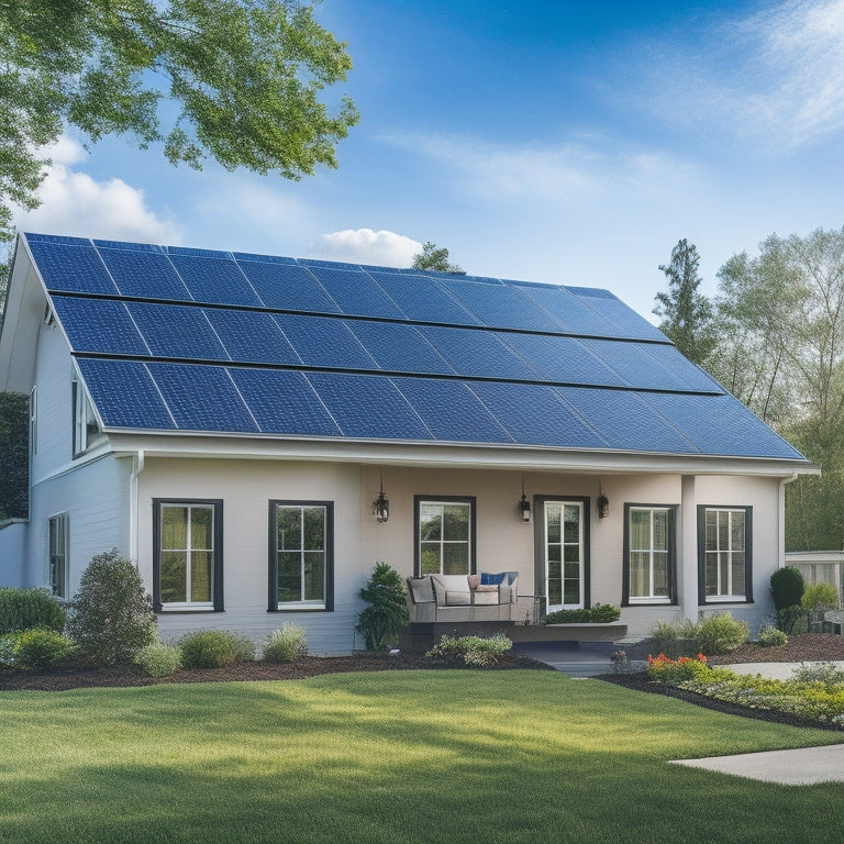A sunny suburban home with a sleek, black solar panel array installed on the roof, surrounded by lush green trees and a bright blue sky with few white, puffy clouds.