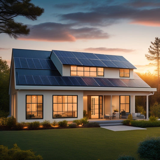 A serene suburban home at sunset with a sleek, modern battery storage system visible through a window, surrounded by lush greenery and a faint solar panel array on the roof.