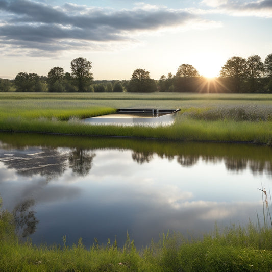 A serene rural landscape with a small pond in the distance, featuring a solar panel array installed on a metal frame, connected to a water pump submerged in the pond's calm waters.