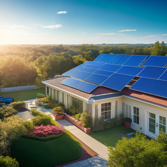 A sunlit rooftop adorned with gleaming solar panels, surrounded by lush greenery. In the background, a clear blue sky with fluffy clouds, showcasing a peaceful suburban neighborhood. Shadows cast gently by the panels.