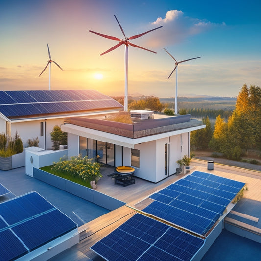 A futuristic, modern, and sleek illustration of a residential rooftop with a hybrid solar panel and wind turbine system, surrounded by circuit diagrams and energy-efficient gadgets.