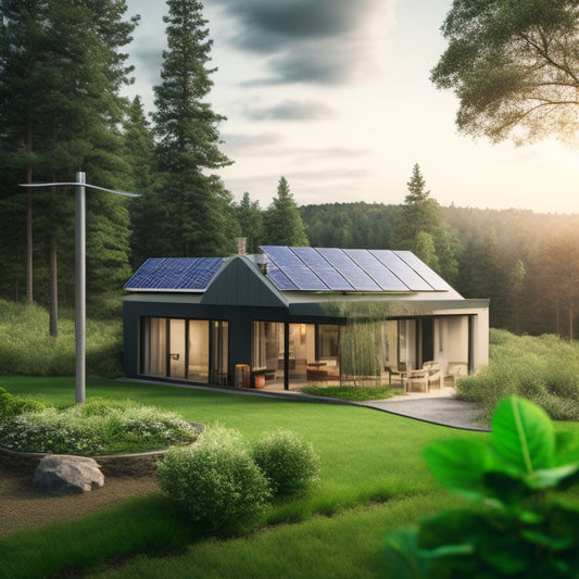 A serene, eco-friendly home surrounded by lush greenery, with solar panels on the roof, a wind turbine in the distance, and a battery storage system visible through a large window.