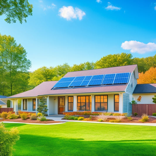 A serene suburban home with a modern, sleek rooftop solar electric panel array, set against a bright blue sky with a few wispy clouds, surrounded by lush green trees and a manicured lawn.