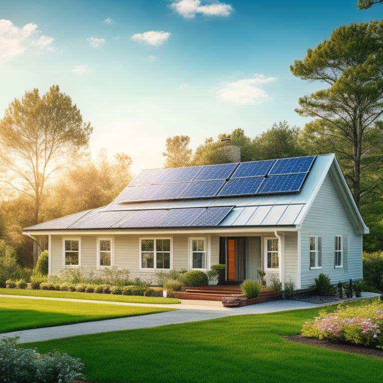 A serene suburban home with a modern solar panel array on the roof, surrounded by lush greenery and a bright blue sky with a few wispy clouds.