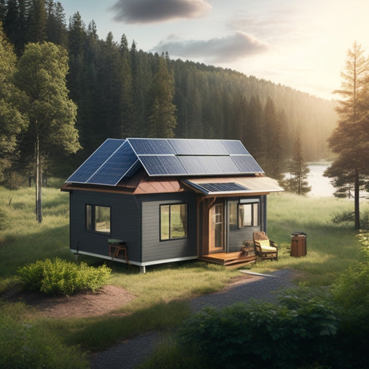 An illustration of a self-sufficient off-grid cabin surrounded by lush greenery, with a solar panel array on the roof, a wind turbine in the distance, and a backup power inverter visible through a window.