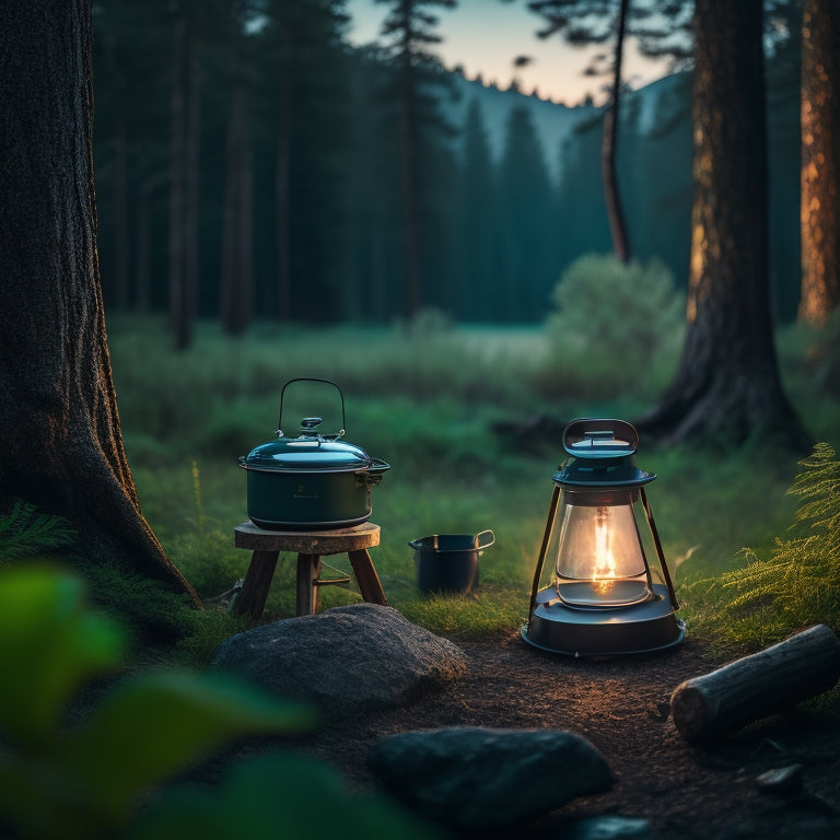 A serene forest landscape at dusk with a portable camping kit setup, featuring a compact tent, a glowing lantern, and a camping stove with a steaming cup, surrounded by lush greenery.