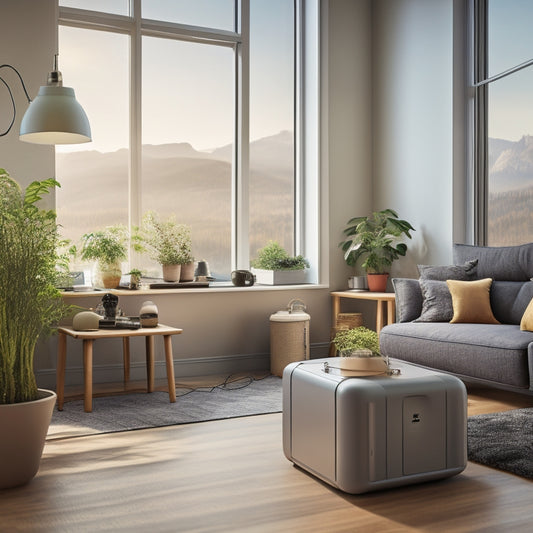 A modern living room with a portable power system in the corner, featuring a compact battery pack, solar panels on the windowsill, and a power hub charging multiple devices.