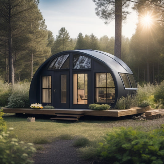 A serene, off-grid tiny house with a curved, silver roof, surrounded by lush greenery, featuring a sleek, black solar panel array with 6-8 panels, angled for maximum energy absorption.