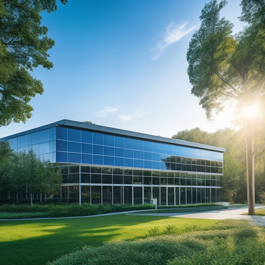 A sleek commercial building adorned with solar panels, sunlight reflecting off their surface, surrounded by lush greenery, energy-efficient features, and a clear blue sky, symbolizing sustainability and innovation in solar energy solutions.