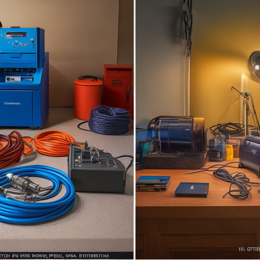 A split-screen image featuring a cluttered workspace with tangled cords and a bulky generator on one side, contrasted with a sleek, organized setup with a compact inverter and neatly arranged cables on the other.