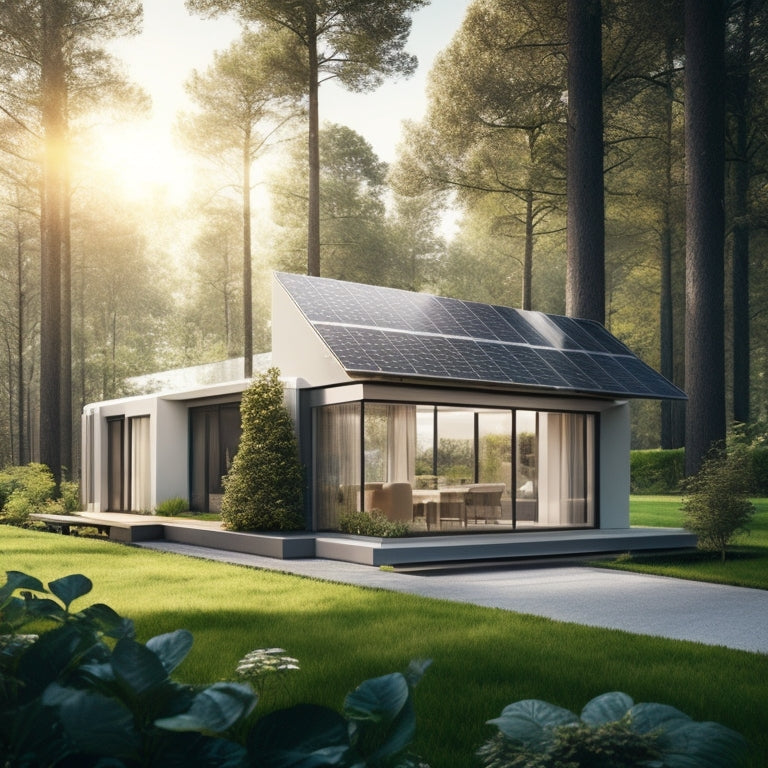 A futuristic home exterior with sleek, silver solar panels on the roof, connected to a modern, compact battery storage unit in the backyard, surrounded by lush greenery.