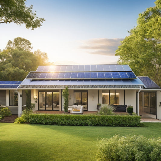 A sunlit suburban home adorned with solar panels on the roof, surrounded by lush greenery. A sleek solar battery unit sits beside the house, with a glowing energy flow symbol connecting it to the panels.