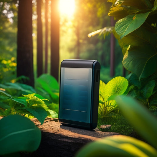 A futuristic, sleek power bank with a built-in solar panel on top, surrounded by lush greenery, with a subtle glow emanating from the panel, conveying eco-friendliness and innovation.