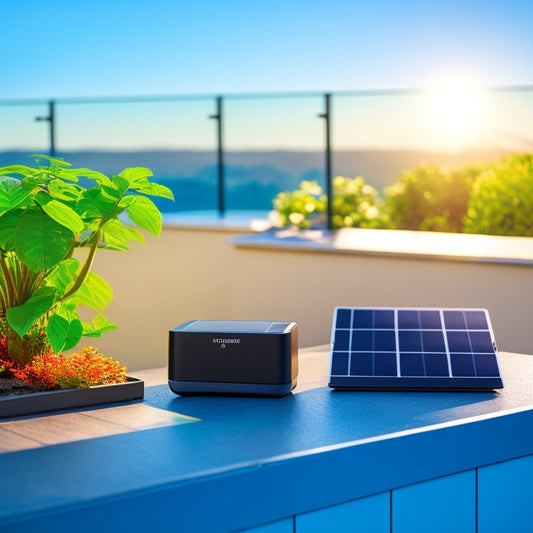 A modern, sleek, black solar panel installed on a rooftop, with a white, cube-shaped power bank in the foreground, surrounded by various electrical devices and a few potted plants.