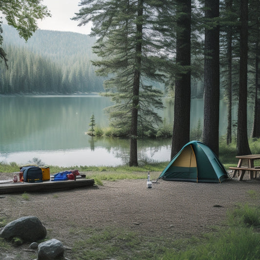 A serene campsite by a crystal-clear lake, featuring a portable water purification system on a wooden picnic table, surrounded by lush green trees, a cozy tent, and hiking gear in the background.