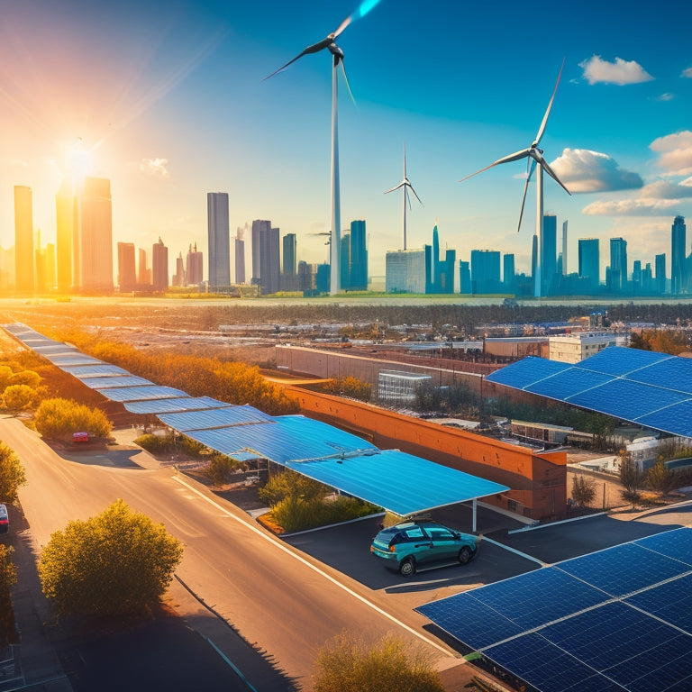 A vibrant urban landscape featuring solar panels on rooftops, wind turbines dotting the skyline, and electric vehicles charging at stations, all under a bright blue sky, illustrating the harmony of on-demand energy solutions in action.