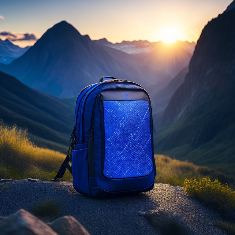 A sleek, modern backpack with built-in solar panels on the exterior, charging a compact battery pack with glowing blue LEDs, set against a serene mountain landscape at dawn.