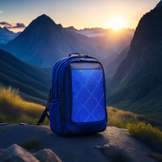 A sleek, modern backpack with built-in solar panels on the exterior, charging a compact battery pack with glowing blue LEDs, set against a serene mountain landscape at dawn.