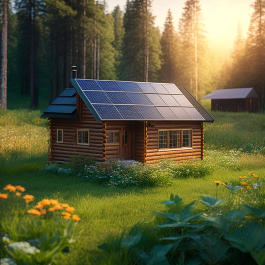 A serene, isolated landscape with a small, sleek solar panel array installed on a rustic wooden cabin's roof, surrounded by lush greenery and a few scattered wildflowers.