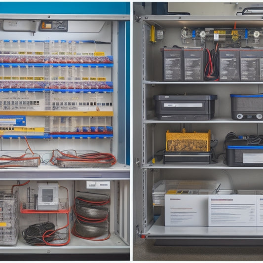 A split-screen image featuring a well-organized home battery storage system on one side, with neatly labeled components and tidy wiring, and a cluttered, dusty system on the other, with tangled cords and warning signs.