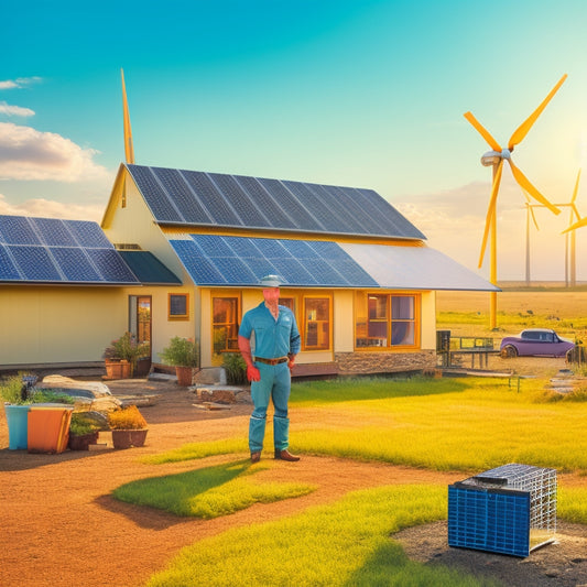 An illustration of a person standing in front of a sustainable off-grid homestead, surrounded by solar panels, wind turbines, and a battery bank, with cables and wires connecting the components.
