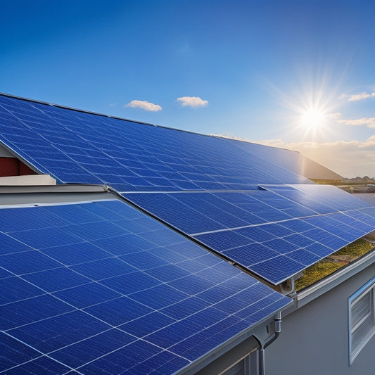 A photorealistic image depicting a sleek, modern solar panel system installed on a rooftop, connected to a compact battery storage unit with copper wires and a smart inverter, set against a clear blue sky.