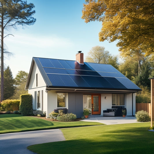 A serene suburban home with a sloping roof, adorned with a series of sleek, black solar panels, partially shaded by a few trees, on a bright, sunny day with a clear blue sky.