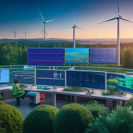 A vibrant microgrid control center filled with digital screens displaying solar panels and wind turbines, interconnected through glowing lines, surrounded by lush greenery and advanced technology, illustrating sustainable energy management.