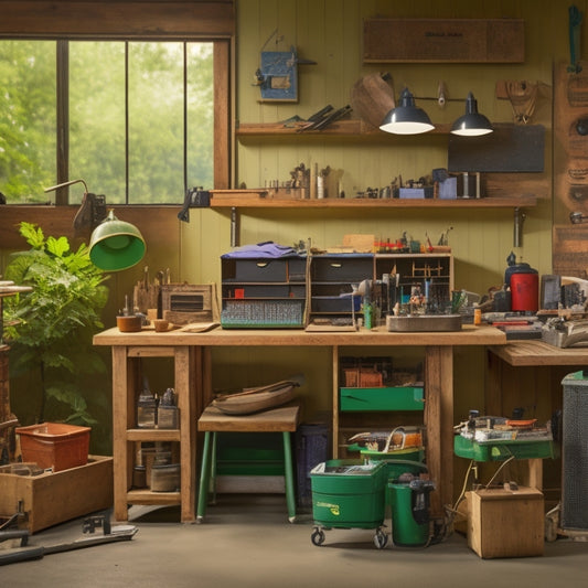 A clutter-free workshop with a wooden workbench, surrounded by essential DIY tools and components, including solar panels, a battery bank, and a micro-inverter, amidst a subtle greenery background.