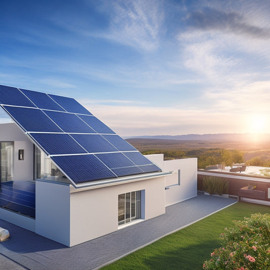 A photorealistic illustration of a modern residential rooftop with a sleek, black solar panel array, a compact inverter system, and a sleek, silver battery storage unit, set against a clear blue sky.
