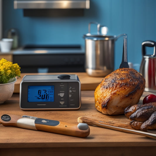 A kitchen counter with various thermometers, including a digital probe, instant-read, and oven thermometer, alongside a perfectly cooked roast chicken and a chef's knife.