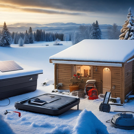 A serene winter landscape featuring a snow-covered rooftop with solar panels, a toolbox in the foreground with a wrench, gloves, and a multimeter, surrounded by snowflakes and frosty trees.