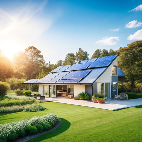 A serene, modern home with solar panels on the roof, a wind turbine in the backyard, and a lush green garden, surrounded by a bright blue sky with a few white, puffy clouds.