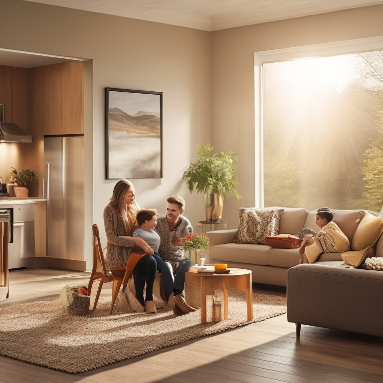 A cozy home interior showcasing a sleek, modern home battery pack against a backdrop of energy-efficient appliances, sunlight streaming through large windows, and a family enjoying a peaceful moment, highlighting savings and sustainability.