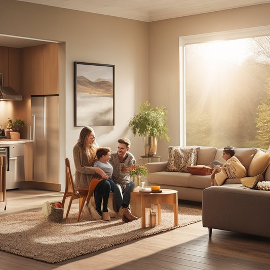 A cozy home interior showcasing a sleek, modern home battery pack against a backdrop of energy-efficient appliances, sunlight streaming through large windows, and a family enjoying a peaceful moment, highlighting savings and sustainability.