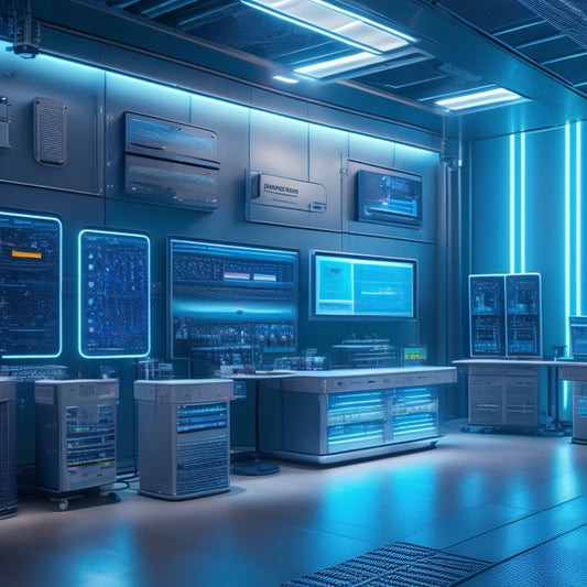 A futuristic, high-tech background with sleek, silver charging stations and various battery types (e.g., lithium-ion, lead-acid) surrounded by wires, circuit boards, and microchips, with a subtle glow effect.