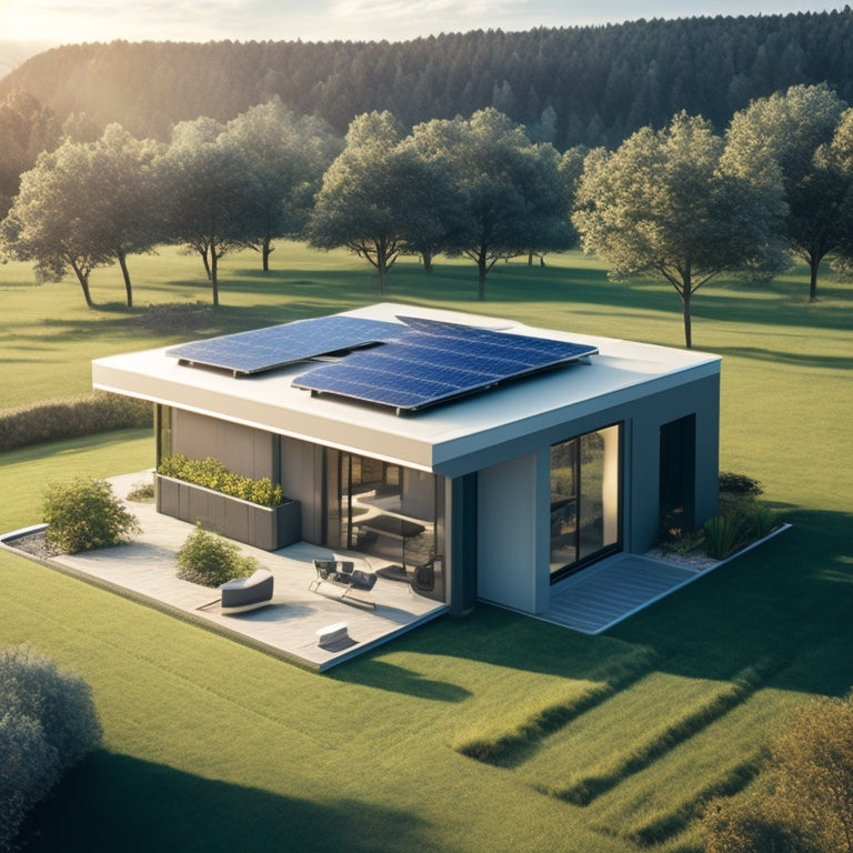 A futuristic illustration depicting a sleek, modern home surrounded by a lush green landscape, with a rooftop solar panel array connected to a sleek, compact battery storage unit.