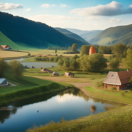 A serene, isolated village surrounded by lush greenery, featuring a wind turbine, solar panels, and a small hydroelectric dam, with a few villagers in the distance, going about their daily activities.