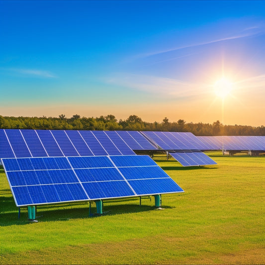 A vibrant solar panel field under a bright blue sky, with sleek DC AC inverters integrated into the system, surrounded by lush greenery and wind turbines in the background, symbolizing innovation in renewable energy.