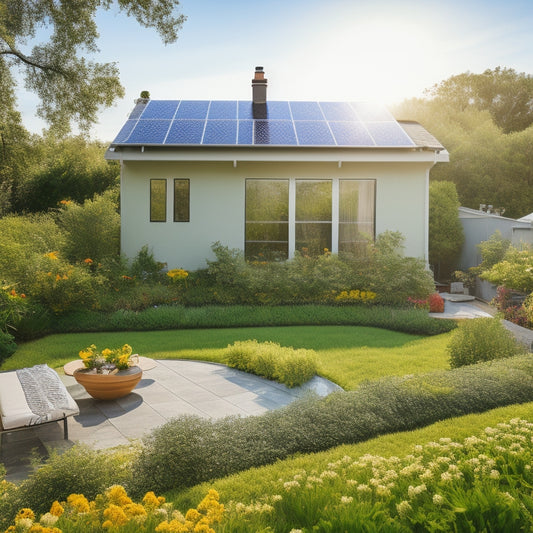 A serene, sunny backyard with a modern, sleek rooftop solar panel installation, surrounded by blooming flowers and lush greenery, with a subtle, gradient blue sky in the background.