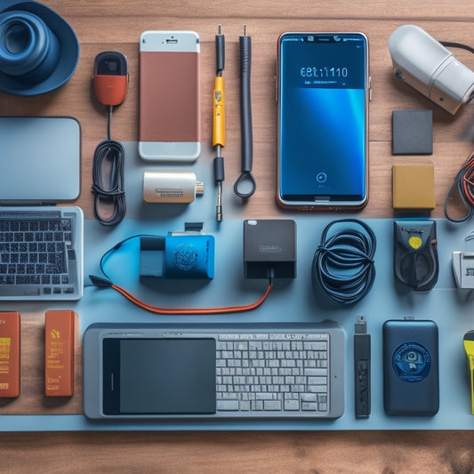 A clutter-free workspace with a mix of battery chargers, power banks, and cables in various colors and shapes, with a few batteries and devices (e.g., smartphone, watch) scattered around.
