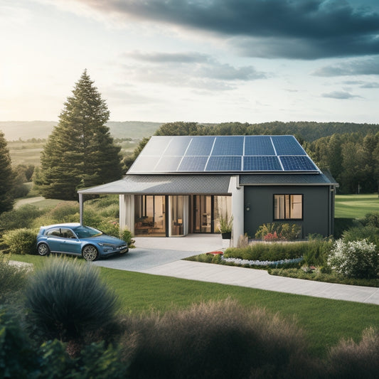 A serene, eco-friendly home backdrop with solar panels on the roof, a sleek battery storage system in the garage, and a lush green garden with a few wind turbines in the distance.