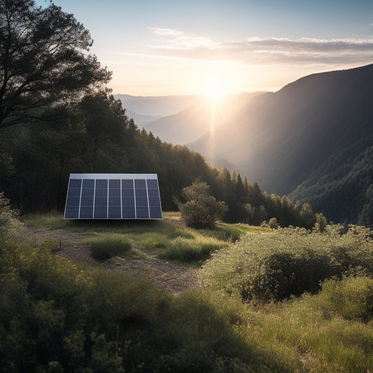 A serene landscape with a modern solar panel array on a hillside, surrounded by lush greenery, with a sleek, silver battery storage unit in the foreground, casting a slight shadow.