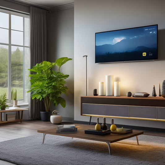 A modern living room with a large smart TV, ambient lighting, and a sleek thermostat on the wall, surrounded by subtle energy usage graphs and charts projected onto the walls and furniture.