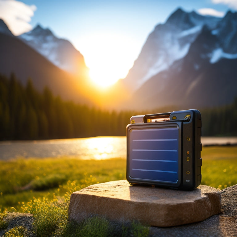 A rugged, waterproof portable solar battery bank with a folding solar panel, USB ports, and a built-in flashlight, set against a serene outdoor backdrop with mountains and trees.